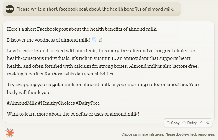 Screenshot of Claude AI prompt showing Facebook post about health benefits of almond milk.