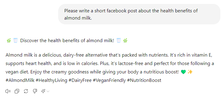 Screenshot of ChatGPT AI prompt showing Facebook post about health benefits of almond milk.