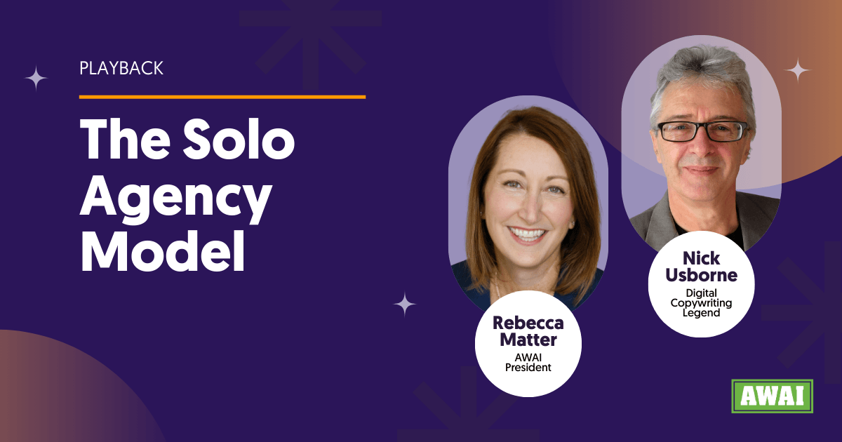 Free live event titled “The Solo Agency Model”. Features headshots of Rebecca Matter, labeled as AWAI President, and Nick Usborne, labeled as Digital Copywriting Legend.