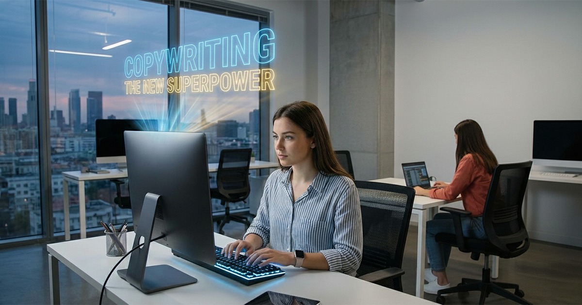 Modern office workspace with a woman typing at a desktop computer, city skyline visible through large windows, while another person works at a desk in the background; glowing text above the monitor reads “Copywriting: The New Superpower.”