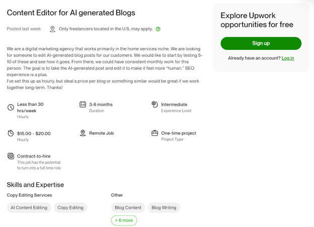Job posting on Upwork for a content editor for AI generated blogs