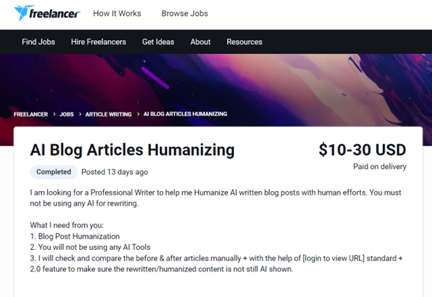 Job posting on freelancer for AI blog articles humanizing