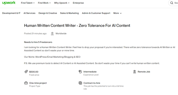 job posting on Upwork for human written content writer - zero tolerance for AI content