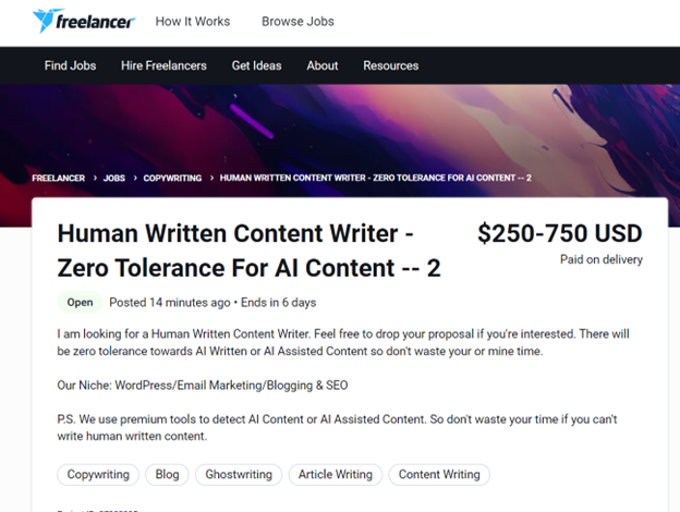 job posting on freelancer for human written content writer - zero tolerance for AI content