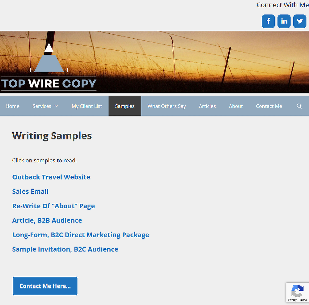 Screenshot of Andrew Murray’s samples on his website Top Wire Copy