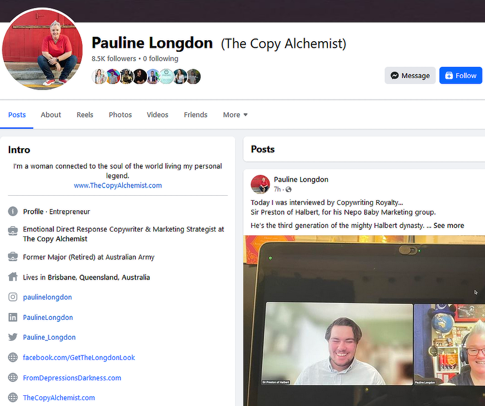 Screenshot of copywriter Pauline Longdon’s Facebook profile