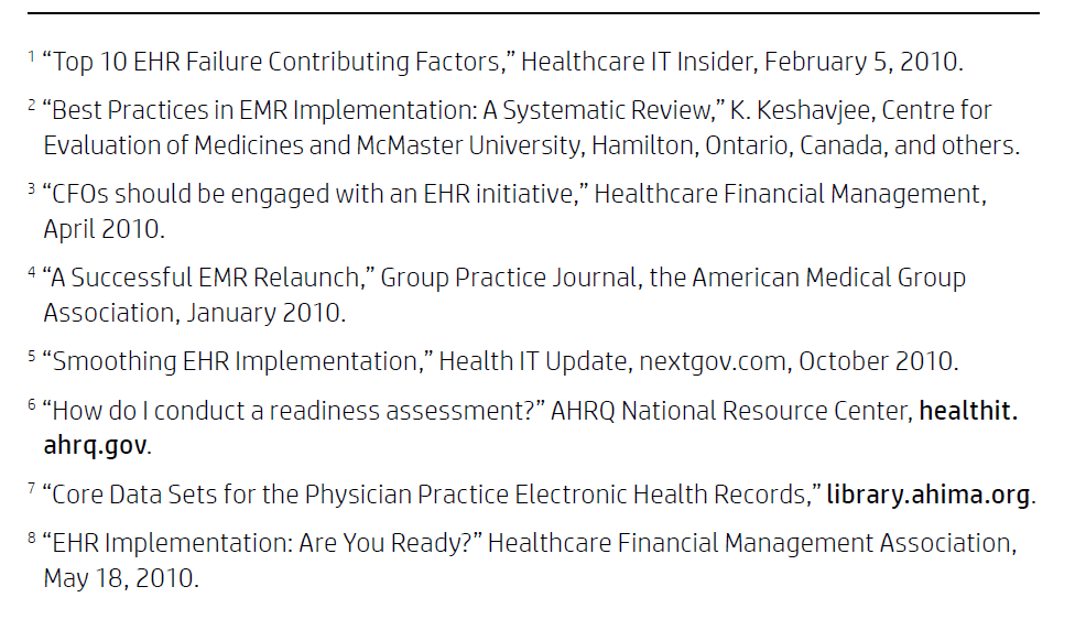 Screenshot of EHR Mananement Paper citing industry resources