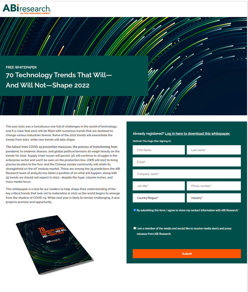 Image of the sign up form to receive a free white paper from ABIresearch with the headline, Free whitepaper - 70 Technology Trends that Will - and Will Not - Shape 2022