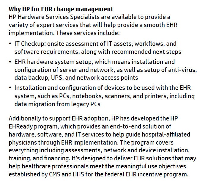 A section of a whitepaper titled, Why HP for EHR Change Management 