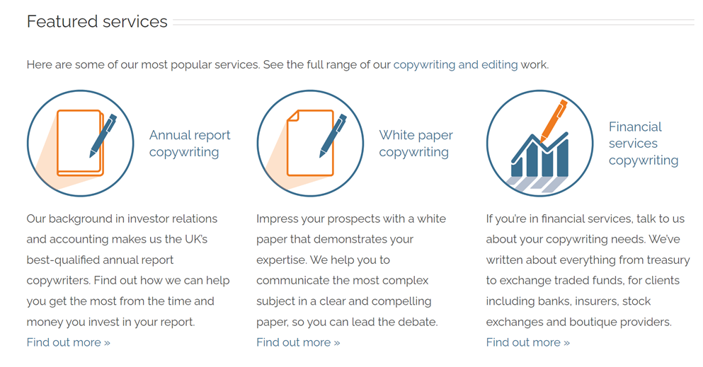Screen print that lists featured services, 1. Annual Report Writing, 2. White Paper Copywriting, 3. Financial Services Copywriting