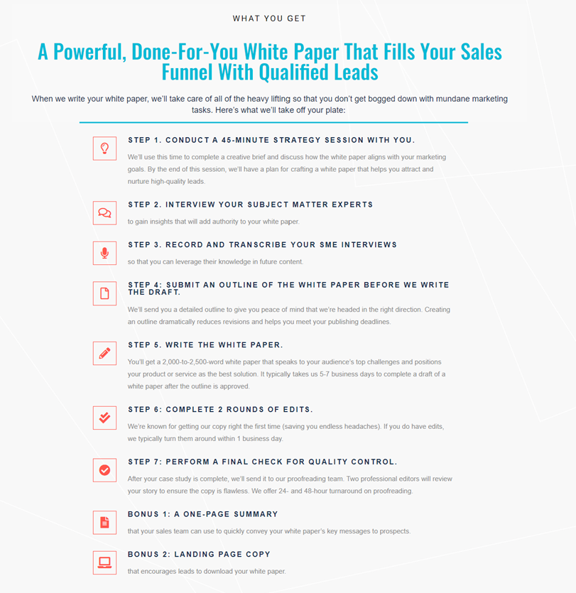 Website screen print that says, What You Get.  A Powerful, Done-For-You White Paper That Fills Your Sales Funnel With Qualified Leads