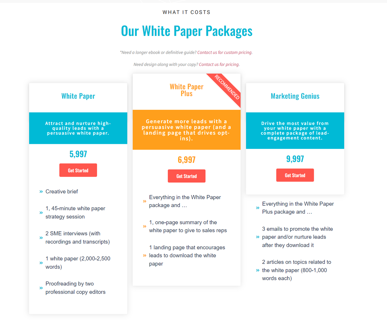 Website screen print that says, Our White Paper Packages. Package 1, White Paper, Attract and nuture high-quality leads with a persuasive white paper - 5,997.  Package 2, White Paper Plus, Generate more leads with a persuasive white paper (and a landing page that drives opt-ins). Package 3, Marketing Genius, Drive the most value from your white paper with a complete package of lead-engagement content.