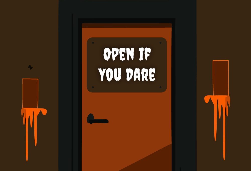 Cartoon-style scene showing a closed brown door with a sign reading “Open if you dare” in bold white letters. The nearby walls are splattered with dripping orange liquid, creating a spooky, Halloween-themed atmosphere.