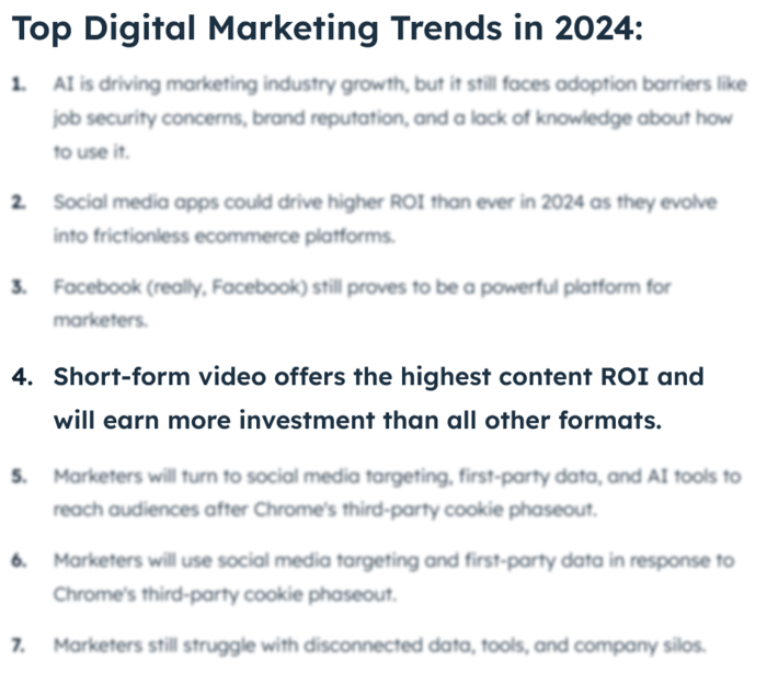 2024 State of Marketing & Trends Report by HubSpot listing the top seven trends for 2024, but with a focus on 'short-form video offers the highest content ROI and will earn more investment than all other formats'