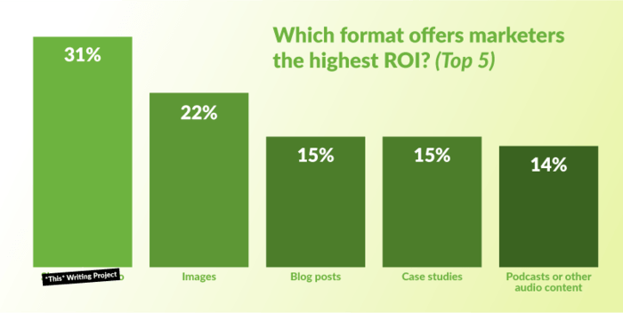 Graph reporting on the question 'which format offers marketers the highest ROI? (top 5)', showing 31% of marketers answering *this* writing project